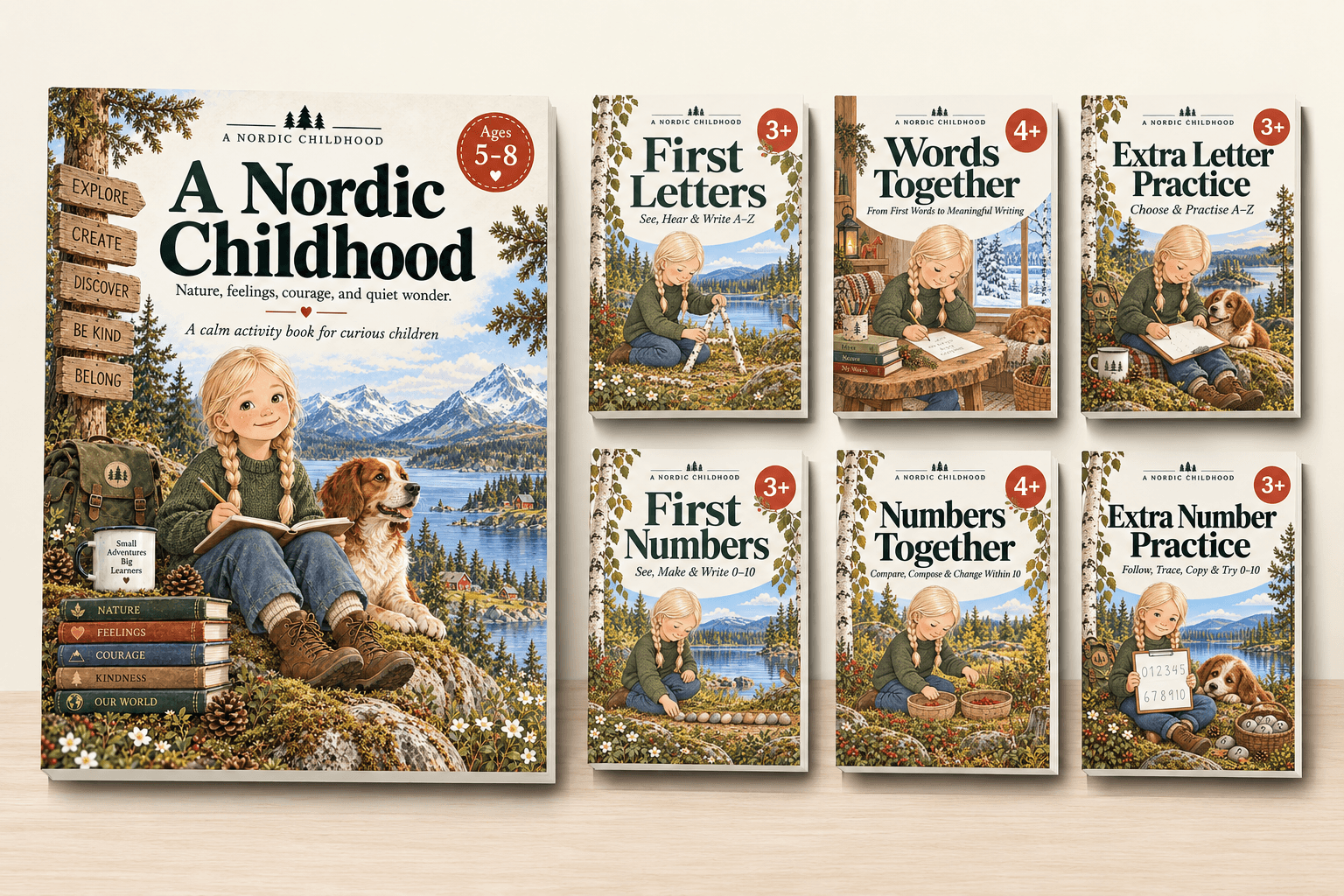 A Nordic Childhood with First Letters, Words Together, Extra Letter Practice, First Numbers, Numbers Together and Extra Number Practice